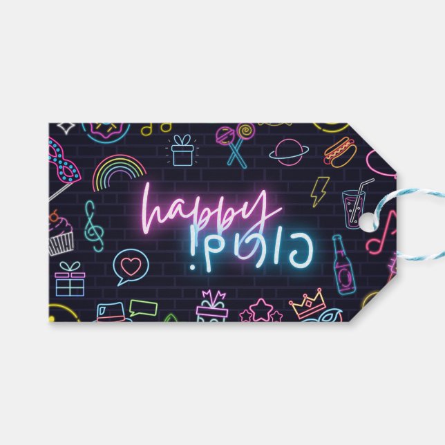 Étiquettes-cadeau Carte Neon Purim (Devant (Horizontal))