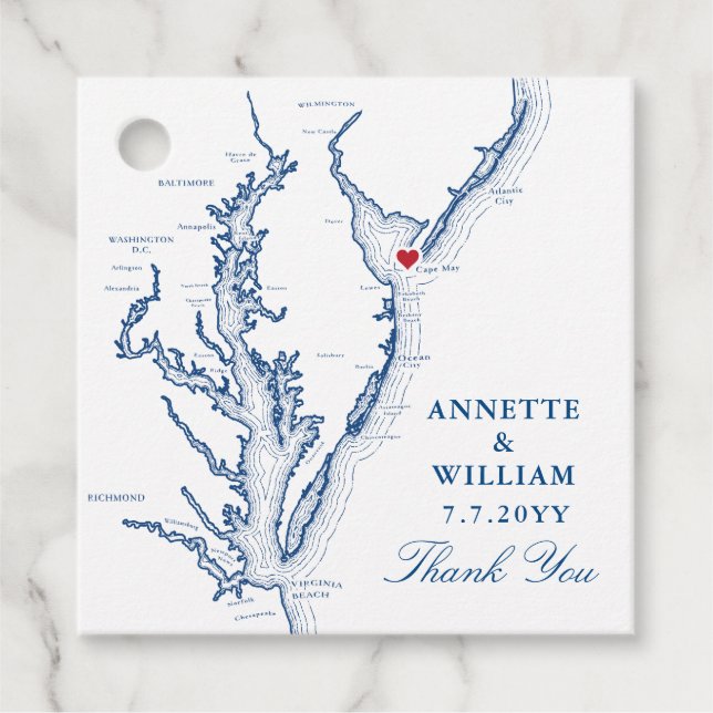 Étiquettes Cadeau Carte NJ du Cap Mai Marine Mariage bleu (Devant)