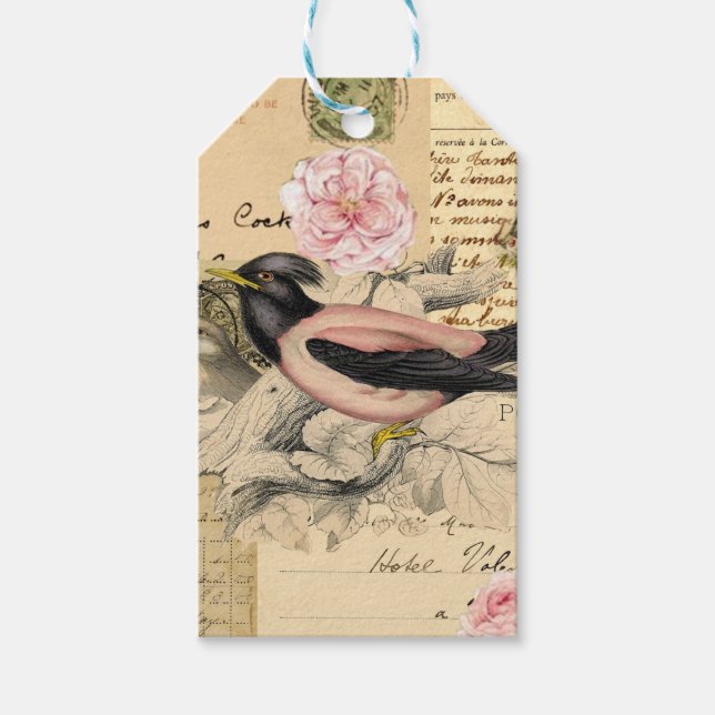 Étiquettes-cadeau Carton Postal Ancien Collage Oiseaux Livre de Déco (Devant)