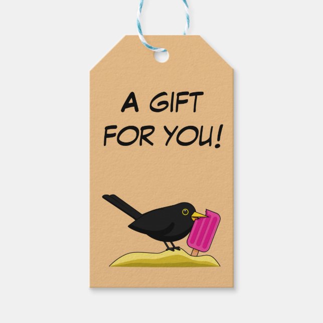 Étiquettes-cadeau Cartoon Blackbird mange de la crème glacée | Ajout (Devant)