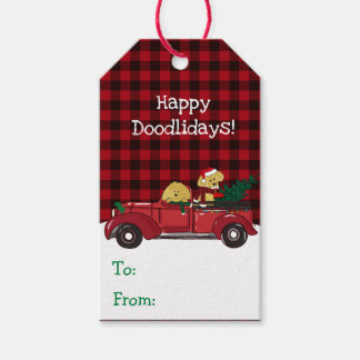 Étiquettes-cadeau Cartoon Goldendoodles Camion de Noël Rouge