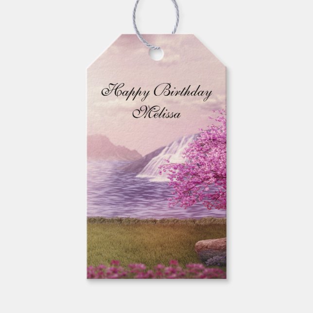 Étiquettes-cadeau Cascades et cerisiers autour d'un lac Anniversaire (Devant)