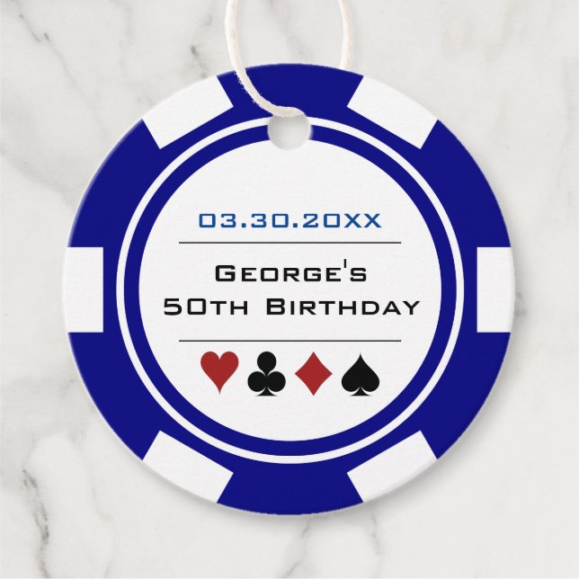 Étiquettes Cadeau Casino Poker Chip dans Marine Bleu et Blanc Annive (Devant)