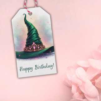 Étiquettes-cadeau Casquette de sorcière verte de Couronne rose Joyeu
