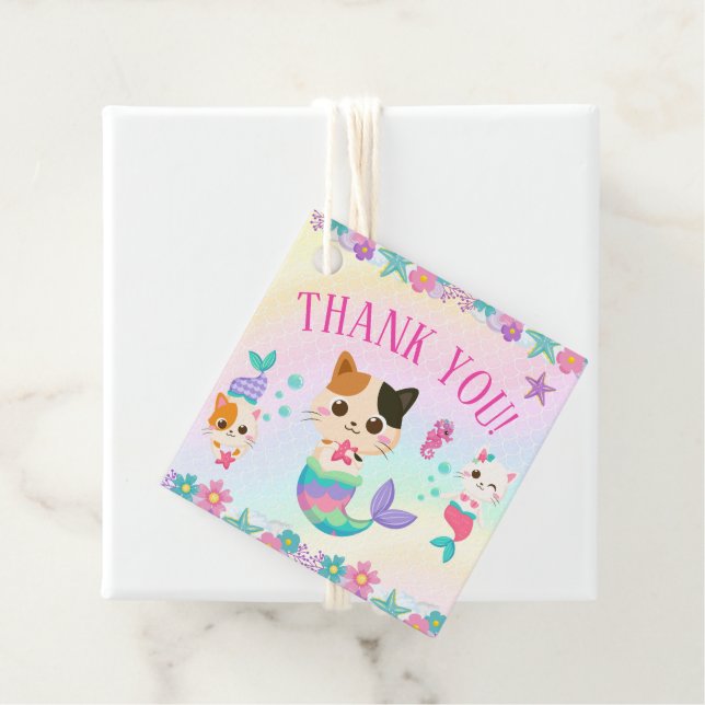 Étiquettes Cadeau Cat Meowmaid Fille Sirène Fête d'anniversaire (En situation)