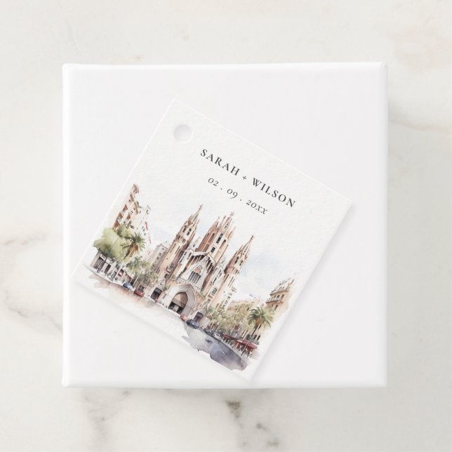 Étiquettes Cadeau Cathédrale de Barcelone Espagne Mariage d'aquarell (En situation)