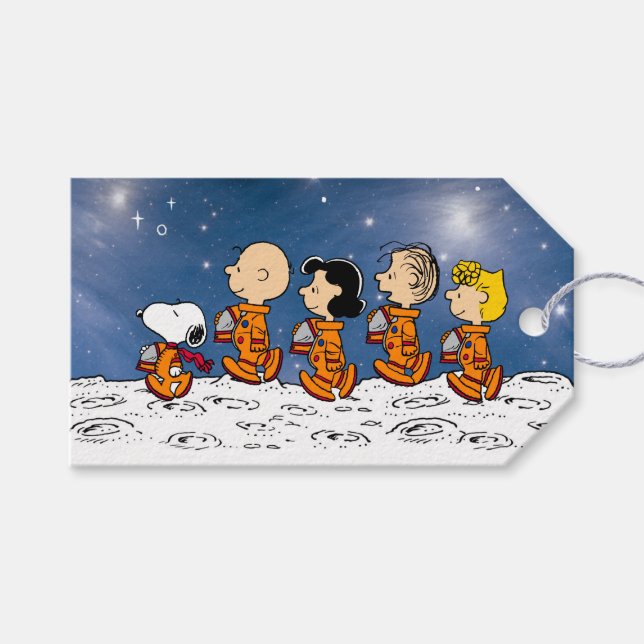 Étiquettes-cadeau Célébration d'anniversaire dans l'espace Peanuts (Devant (Horizontal))