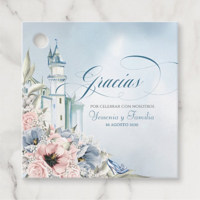Étiquettes Cadeau Cendrillon Fairy Tale Bleu clair rose espagnol (Devant)