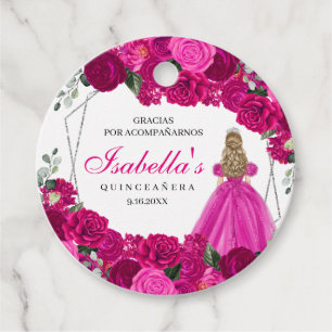 Étiquettes Cadeau Cercle de Quinceanera florale rose et argenté Fuch