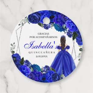 Étiquettes Cadeau Cercle Royal Blue et Silver Floral Quinceanera