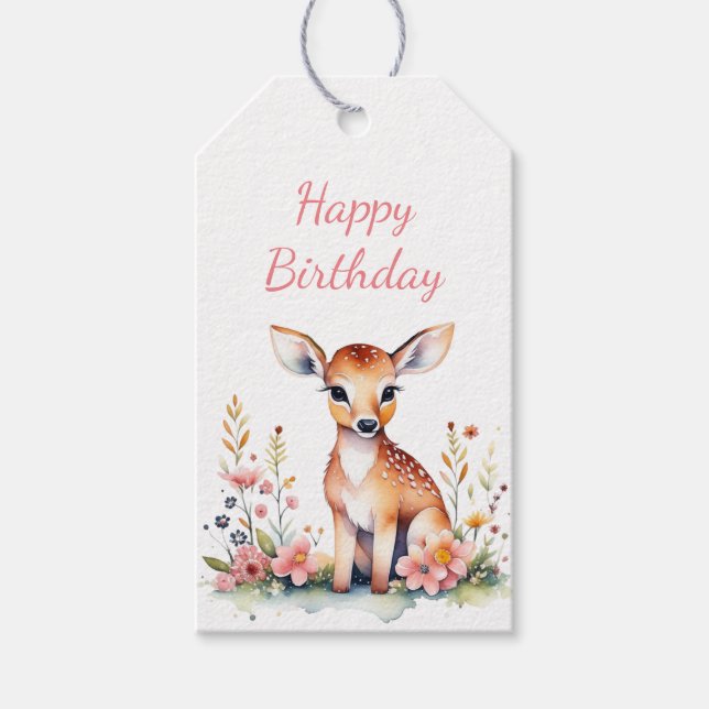 Étiquettes-cadeau Cerf de bébé personnalisé en fleurs Anniversaire d (Devant)