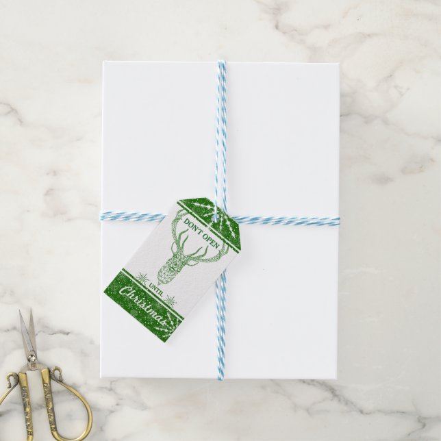 Étiquettes-cadeau Cerf de Noël vert et blanc géométrique moderne (Avec de laficelle)