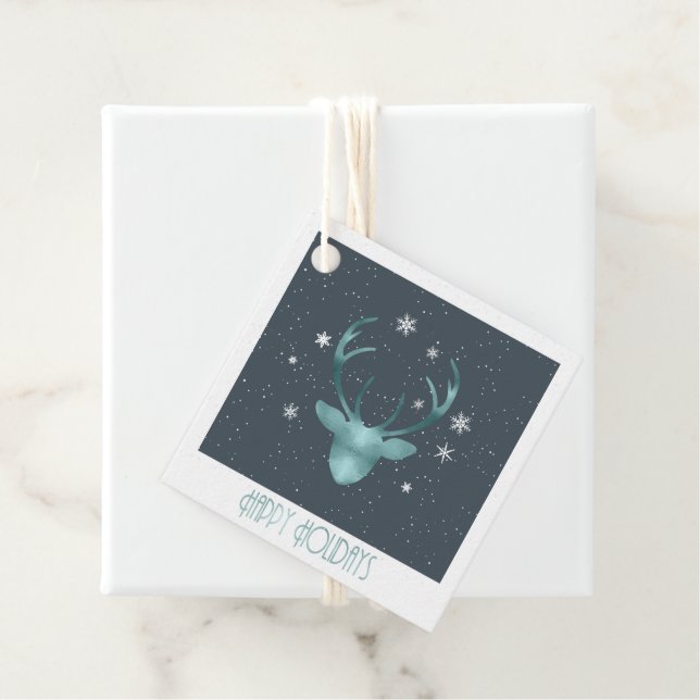 Étiquettes Cadeau Cerfs Antlers Noël Turquoise ID861 (En situation)