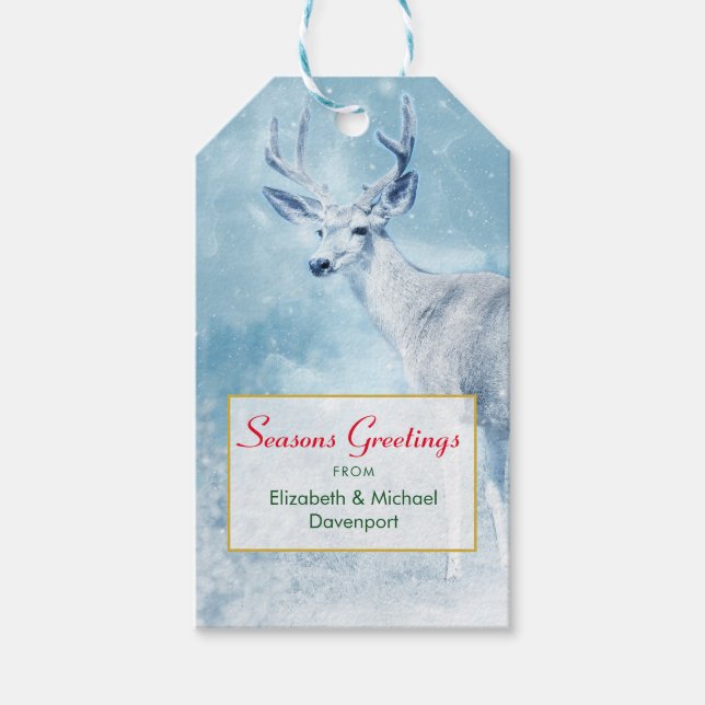 Étiquettes-cadeau Cerfs d'hiver et pins Joyeuses Fêtes (Devant)