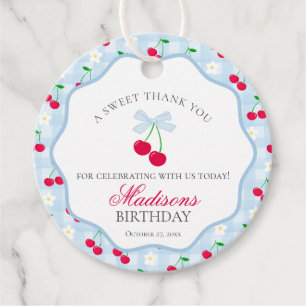 Étiquettes Cadeau Cerise Sweet Bleu Coquette Bow Anniversaire Cercle