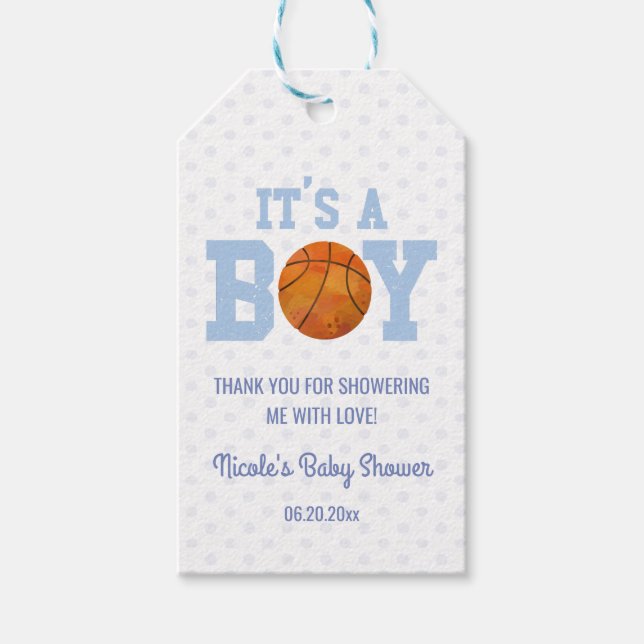 Étiquettes-cadeau C'est un garçon ! Baby shower Blue Basketball (Devant)