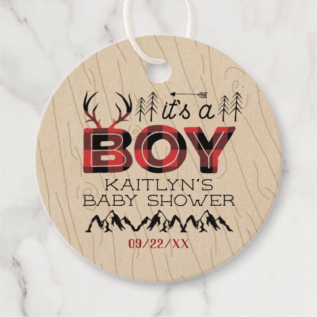 Étiquettes Cadeau C'est un garçon ! Baby shower de bûcheron rustique (Devant)