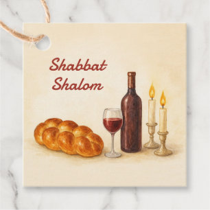 Étiquettes Cadeau Challah de laquarelle Shabbat Shalom, vin et bougi