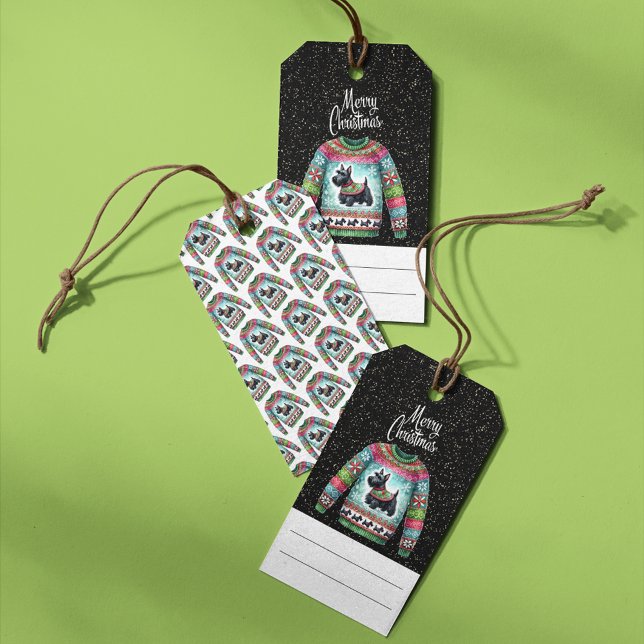 Étiquettes-cadeau Chandail de Noël moche de chien écossais noir (Créateur téléchargé)