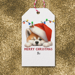 Étiquettes-cadeau Chapeau de Père Noël Mignon Akita Chien Noël