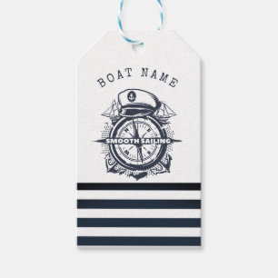 Étiquettes-cadeau Chapeau Marin, Ancre, Roue Rayures Bleu Marine