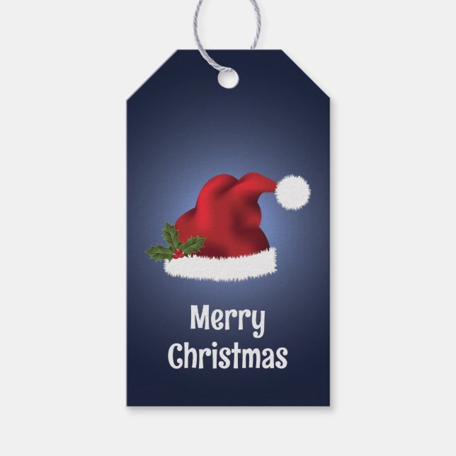 Étiquettes-cadeau Chapeau rouge au Père Noël creux sur bleu (Devant)