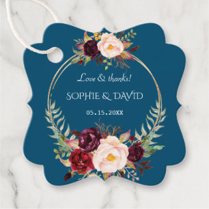 Étiquettes Cadeau Charm Bourgogne Fleurs Bleues Or Mariage