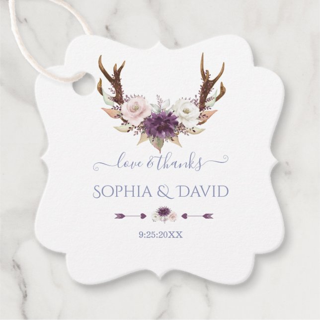 Étiquettes Cadeau Charm Lavender Rose Fleurs Blanches Antlers Mariag (Devant)