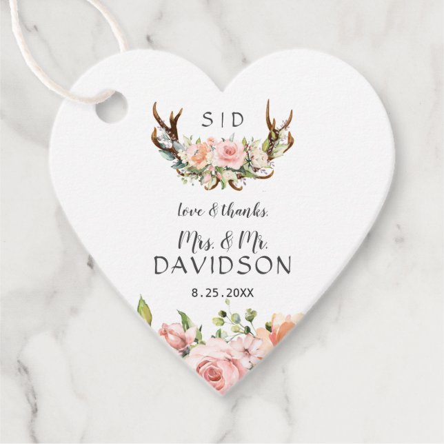 Étiquettes Cadeau Charm rose Fleurs rousses Antlers Mariage Monogram (Devant)