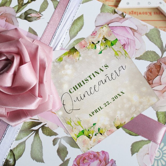 Étiquettes Cadeau Charmant aquarelle rose Roses Quinceañera (Créateur téléchargé)