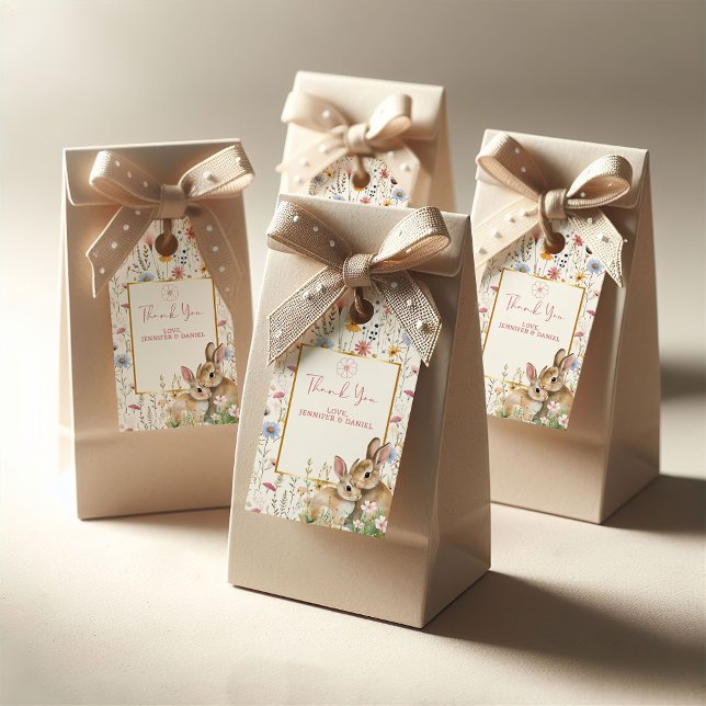Étiquettes-cadeau Charmant lapin jumeau Baby shower floral neutre (Créateur téléchargé)