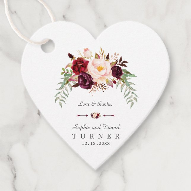 Étiquettes Cadeau Charme Bourgogne Marsala Floral Mariage (Devant)