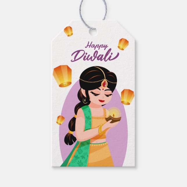 Étiquettes-cadeau Charming Indian Girl with Floating Lanterns Diwali (Devant)