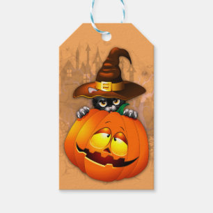 Étiquettes-cadeau Chat à sorcière mignonne et amis Citrouilles d'Hal