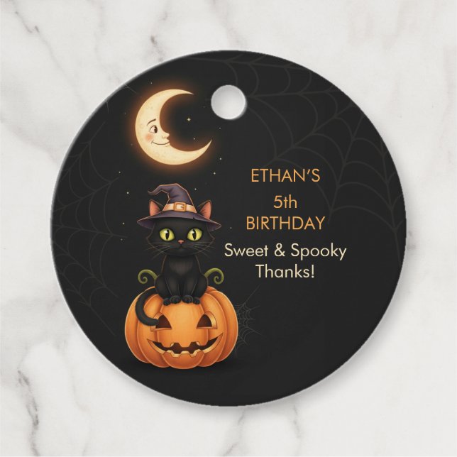 Étiquettes Cadeau Chat à sorcière mignonne et Citrouille Anniversair (Devant)
