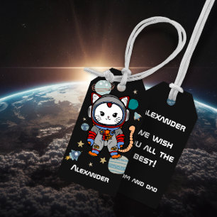 Étiquettes-cadeau Chat astronaute mignon dans l'espace