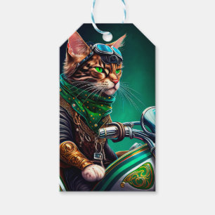 Étiquettes-cadeau Chat Bengal conduisant un vélo pour la Saint-Patri