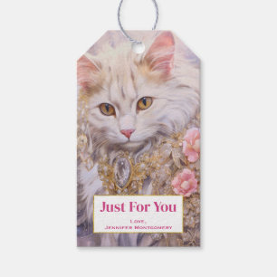 Étiquettes-cadeau Chat blanc élégant en or et diamants