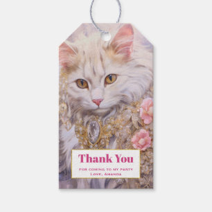 Étiquettes-cadeau Chat blanc en or et diamants Merci de la partie