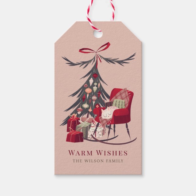 Étiquettes-cadeau Chat couché confortable Noël Arbre rose vacances (Devant)