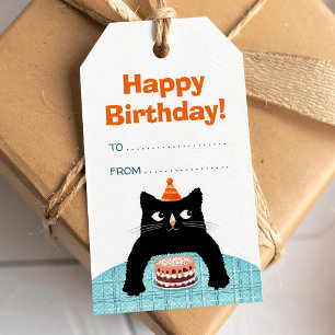 Étiquettes-cadeau Chat d'anniversaire avec gâteau et ballons de fête