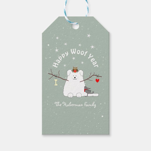 Étiquettes-cadeau Chat de neige 'Happy Woof Year' (Devant)