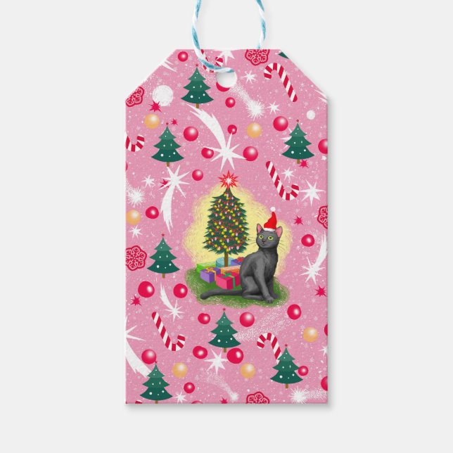 Étiquettes-cadeau Chat de Noël rose (Devant)
