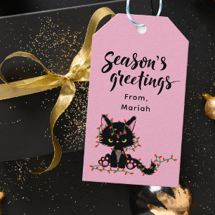 Étiquettes-cadeau Chat de Noël rose et noir
