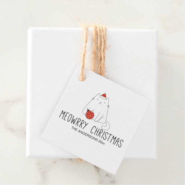 Étiquettes Cadeau Chat de Père Noël mignon avec fête de Noël (En situation)