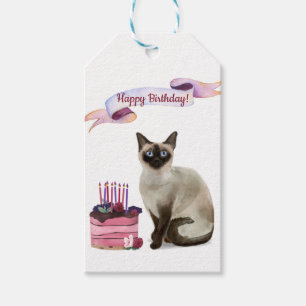 Étiquettes-cadeau Chat de Siamese avec un gâteau d'anniversaire du