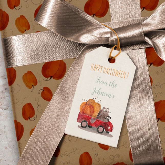 Étiquettes-cadeau Chat drôle Orange Citrouille Halloween Cartoon Cha (Créateur téléchargé)