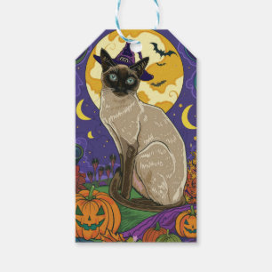 Étiquettes-cadeau Chat éffrayant Siamese Halloween sorcière et Citro