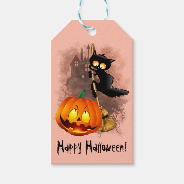 Étiquettes-cadeau Chat effrayé par Citrouille Fun Halloween caractèr (Devant)