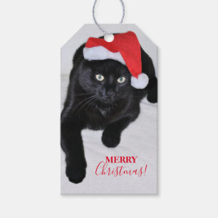 Étiquettes-cadeau Chat noir avec chapeau de Père Noël Rouge
